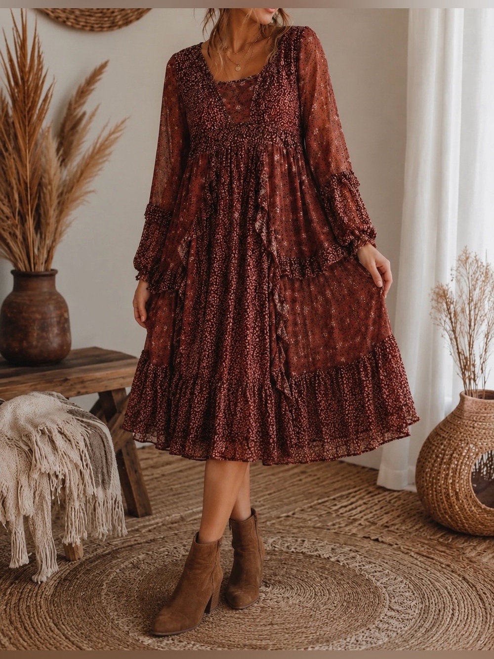 Böhme Mauve Pink Patchwork Printed Long Sleeve Midi Dress - Size M